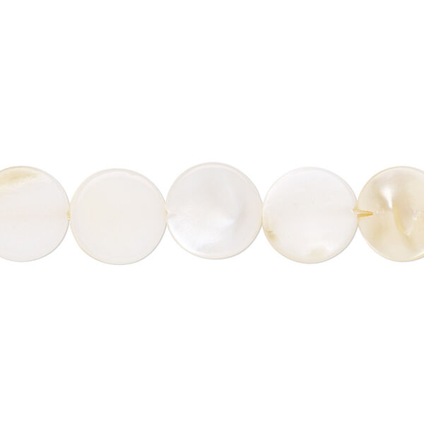 Bead, mother-of-pearl shell (bleached), white, 10mm flat round, Mohs hardness 3-1/2. Sold per 15-1/2" to 16" strand. image number 0