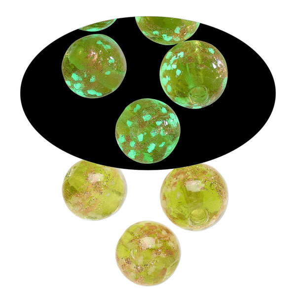 Bead, lampworked glass, clear / peridot green / glow-in-the-dark / gold, 10mm round. Sold per pkg of 6. image number 0