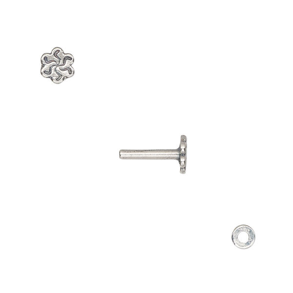 Washer and brad, antique silver-plated brass, 4x0.7mm and 10.5x6mm with 6x5.5mm flower and 1.5mm post diameter. Sold per pkg of (2) 2-piece sets. image number 0