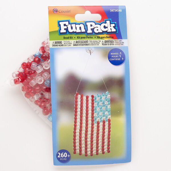 Bead assortment, starter kit, acrylic, pkg/1, 8x6mm pony, red / blue / clear, USA flag design. image number 0