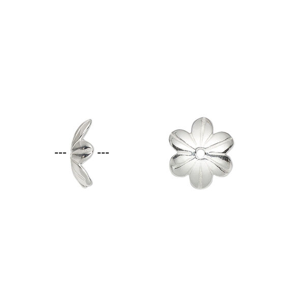 Bead cap, sterling silver, 10x2.5mm flower, fits 8-10mm bead. Sold per pkg of 4. image number 0