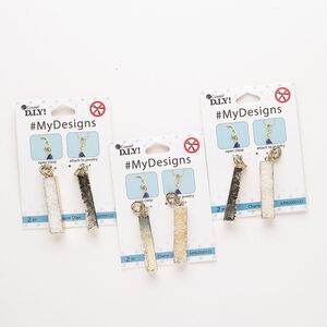 Pendant, steel and resin, pkg/2, 42x10mm "druzy" rectangle with snap clasp, gold finish / rose gold-plated / multicolored.