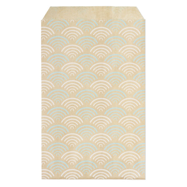 Bag, paper, brown, white and blue, 6x4 inch rectangle with fan-print and scalloped top edge. Sold per pkg of 100. image number 0