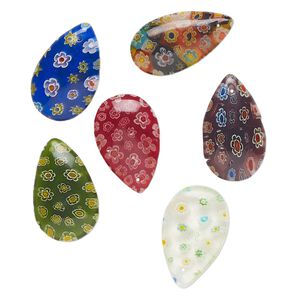 Drop, millefiori glass, pkg/6, 25x14mm-27x17mm top-drilled puffed teardrop, opaque to transparent multicolored.