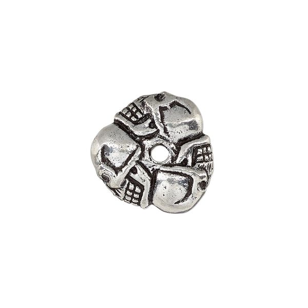 Bead, antique silver-plated white brass, 17x8mm triangle rondelle with skulls, 2mm hole. Sold individually. image number 0