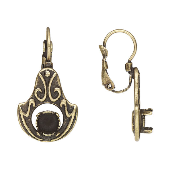 Ear wire, JBB Findings, antique brass-plated pewter (tin-based alloy), 28mm leverback with modified fancy teardrop and SS29 chaton or rivoli 4-prong setting. Sold per pair. image number 0