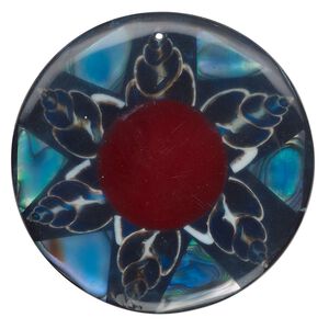 Focal, paua shell (assembled), red, 50mm top-drilled round with flower, Mohs hardness 3-1/2. Sold individually.