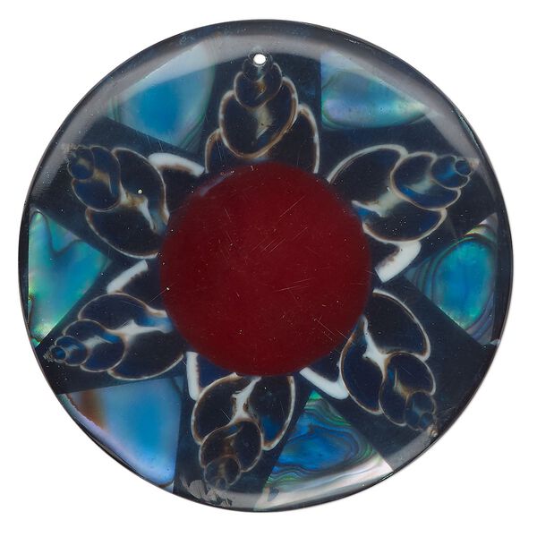 Focal, paua shell (assembled), red, 50mm top-drilled round with flower, Mohs hardness 3-1/2. Sold individually. image number 0