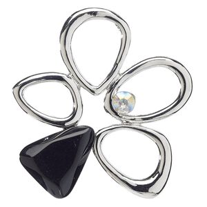 Pendant, acrylic and silver-finished "pewter" (zinc-based alloy), clear AB and black, 65x63mm open freeform cluster with hidden bail. Sold individually.