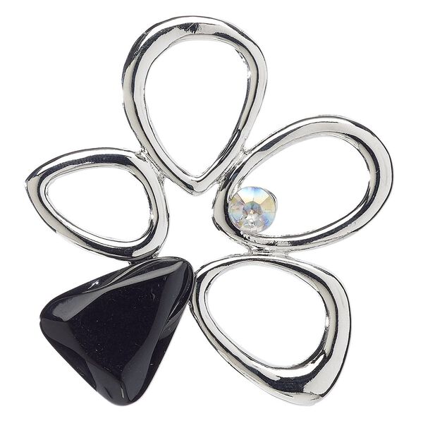 Pendant, acrylic and silver-finished "pewter" (zinc-based alloy), clear AB and black, 65x63mm open freeform cluster with hidden bail. Sold individually. image number 0