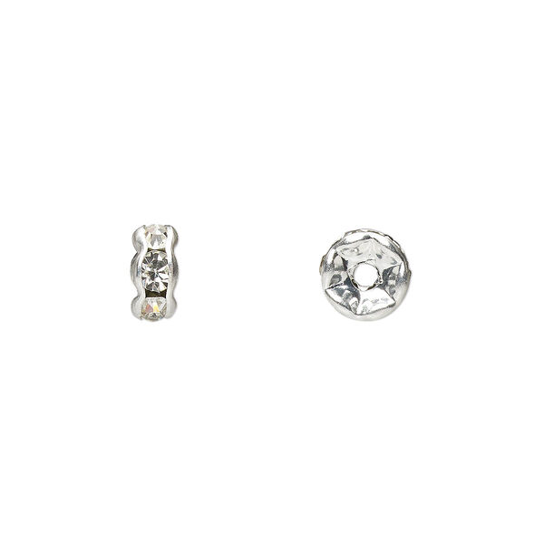Bead, glass rhinestone and silver-plated brass, clear, 6x3mm rondelle. Sold per pkg of 10. image number 0