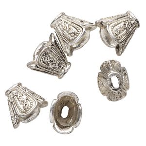 Cone, silver-finished "pewter" (zinc-based alloy), 16x13x12mm flat oval flower, 10.5x7mm inside diameter. Sold per pkg of 6.