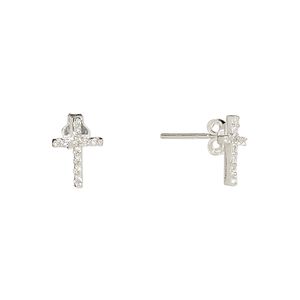 Earstud, Create Compliments®, cubic zirconia and sterling silver, clear, 10.5x7.5mm cross. Sold per pair.