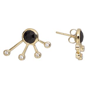 Earstud, Create Compliments®, black onyx (dyed) / cubic zirconia / gold-finished sterling silver, clear, 25x15.5mm with faceted round. Sold per pair.