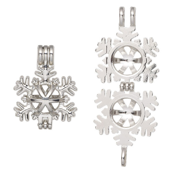 Pendant, imitation rhodium-finished "pewter" (zinc-based alloy), 25x19mm double-sided snowflake bead cage, fits up to 8mm bead. Sold individually. image number 0