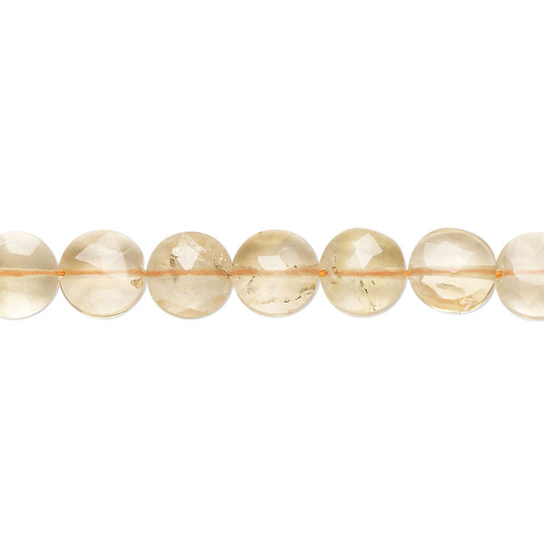 Bead, citrine (dyed / heated), 7mm hand-cut faceted puffed round, C grade, Mohs hardness 7. Sold per 15-1/2" to 16" strand. image number 0