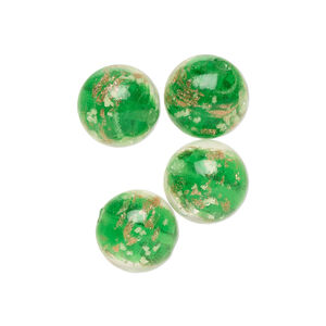 Bead, lampworked glass, clear / green / glow-in-the-dark / gold, 14mm round. Sold per pkg of 4.