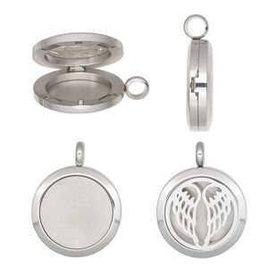 Pendant, stainless steel, pkg/1, 32x25mm single-sided hinged round locket, cutout angel wings design and magnetic closure