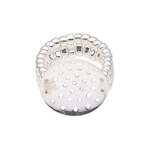 Ring, stretch, silver-finished brass and "pewter" (zinc-based alloy), 8mm wide with 20mm perforated disk, size 6-1/2 to 8. Sold individually.
