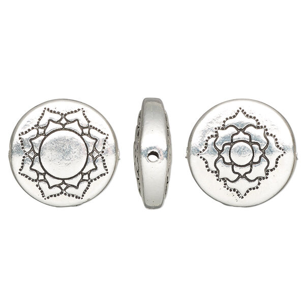 Bead, TierraCast®, "Soulful Spirit" collection, antique silver-plated pewter (tin-based alloy), 14mm two-sided flat round with lotus design. Sold per pkg of 2. image number 0