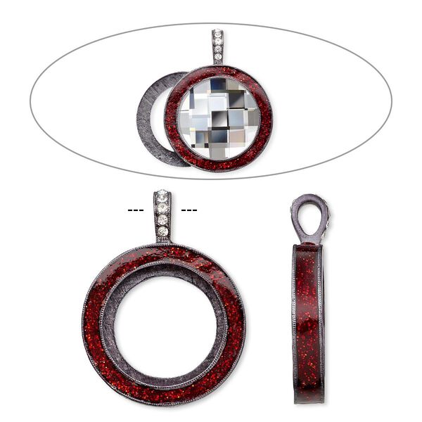 Pendant, Almost Instant Jewelry®, epoxy / crystals / gunmetal-finished "pewter" (zinc-based alloy), light Siam red and crystal clear with glitter, 45x35mm single-sided with 30mm round setting. Sold individually. image number 0