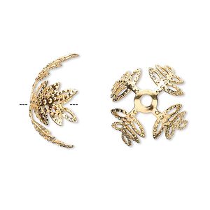 Bead cap, gold-plated brass, 15x10mm leaf, fits 15-18mm bead. Sold per pkg. of 100.