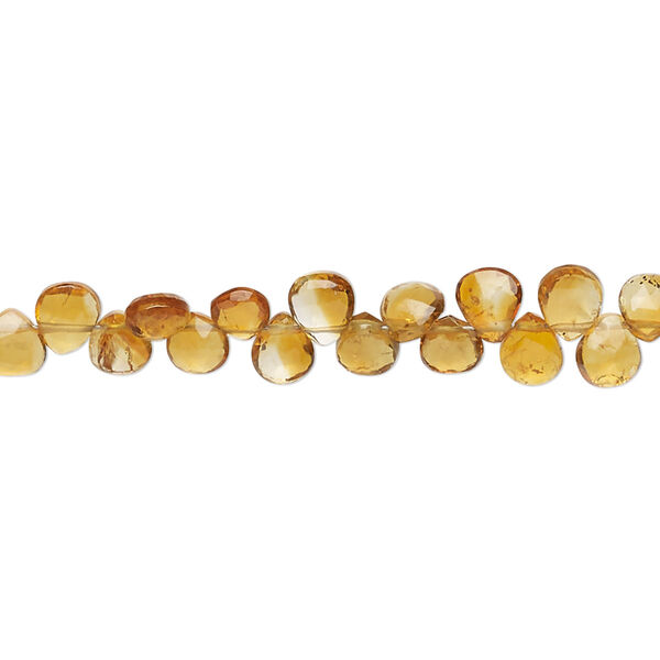 Bead, golden citrine (heated), 4-5mmx4mm hand-cut top-drilled faceted puffed teardrop, B grade, Mohs hardness 7. Sold per 8-inch strand, approximately 65 beads. image number 0