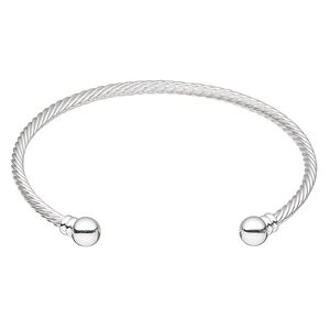 Bracelet, cuff, silver-plated brass, 3.5mm twisted wire with 8mm threaded ball end, adjustable from 9 to 9-1/2 inches. Sold individually.