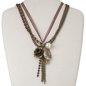 Necklace, antiqued brass-finished "pewter" (zinc-based alloy) and steel / acrylic / glass rhinestone / organza ribbon, multicolored, leaf and flower, 16-inches with 4-inch dangle and lobster claw clasp. Sold individually.