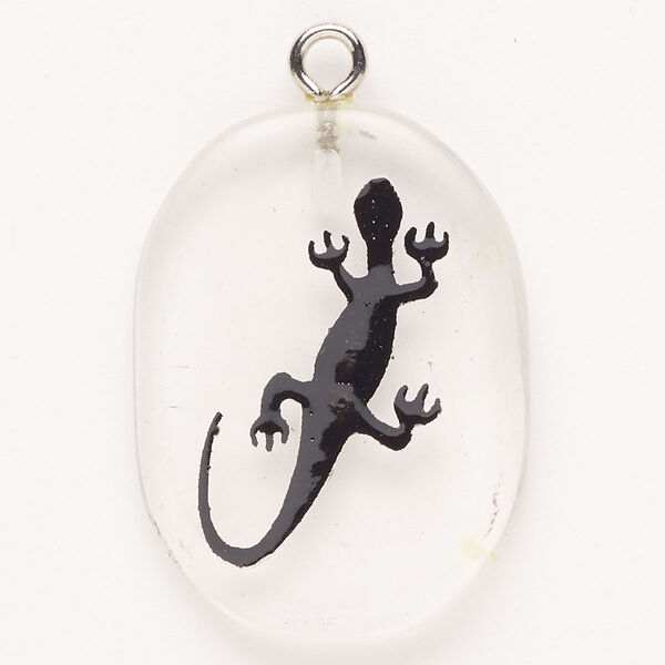 Focal, steel/glass/enamel, pkg/1, silver finish/clear/black, 30x24mm-39x27mm single-sided puffed freeform with salamander. image number 0