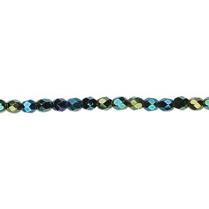 Bead, Czech fire-polished glass, opaque iris green, 3mm faceted round. Sold per 15-1/2" to 16" strand.