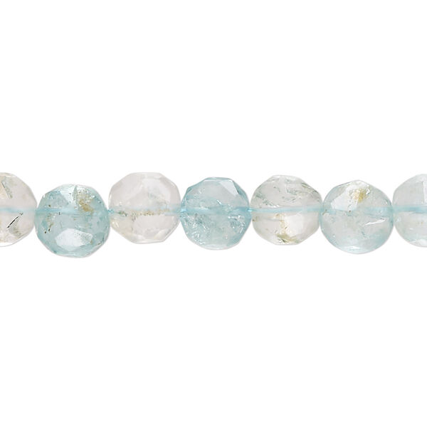 Bead, aquamarine and goshenite (natural / dyed / heated), light, 7-9mm hand-cut faceted puffed flat round, C- grade, Mohs hardness 7-1/2 to 8. Sold per 15-inch strand. image number 0