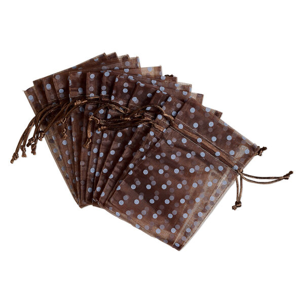 Pouch, flocked organza, dark brown and robin's egg blue, 6x4 inches with dots pattern and drawstring closure. Sold per pkg of 12. image number 0