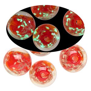 Bead, lampworked glass, clear / red / glow-in-the-dark / gold, 14mm round. Sold per pkg of 4.