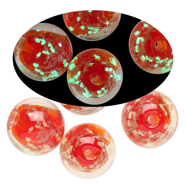Bead, lampworked glass, clear / red / glow-in-the-dark / gold, 14mm round. Sold per pkg of 4. image number 0