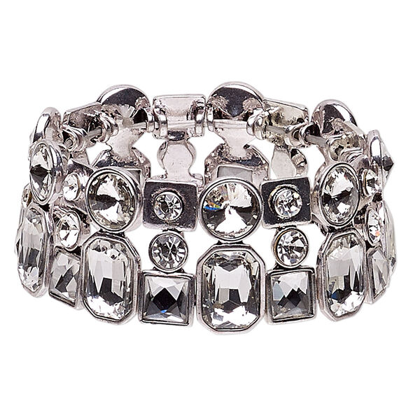 Bracelet, stretch, glass rhinestone and imitation rhodium-plated "pewter" (zinc-based alloy), clear, 29mm wide, 7-1/2 inches. Sold individually. image number 0
