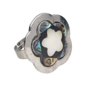 Ring 1pkg1 steel / mother-of-pearl shell / paua shell, 30mm flower, natural/bleached/dyed/assembled silver finish / white