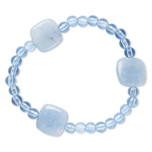 Bracelet, stretch, quartz (dyed) and acrylic, blue, 5mm round and 16-17mm flat square, 7 inches. Sold individually.