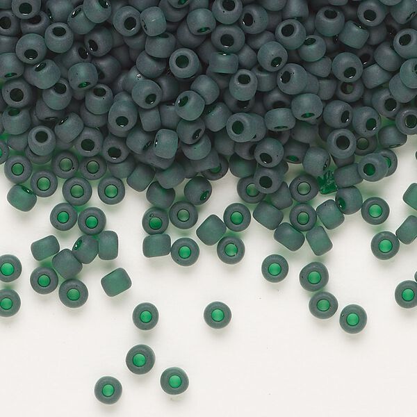 Seed bead, Dyna-Mites™, glass, transparent dark green matte, #8 round. Sold per 40-gram pkg. image number 0