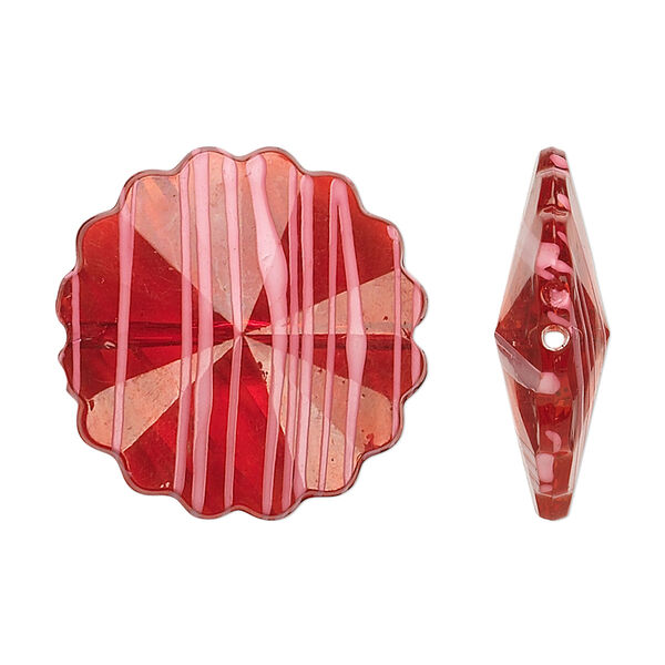 Bead, acrylic, semitransparent red and white, 25mm faceted round flower with painted line design. Sold per pkg of 48. image number 0