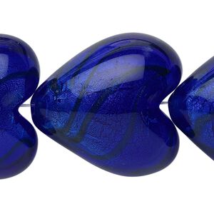 Bead, lampworked glass, cobalt and bronze with silver-colored foil, 28x28mm puffed heart. Sold per pkg of 4.
