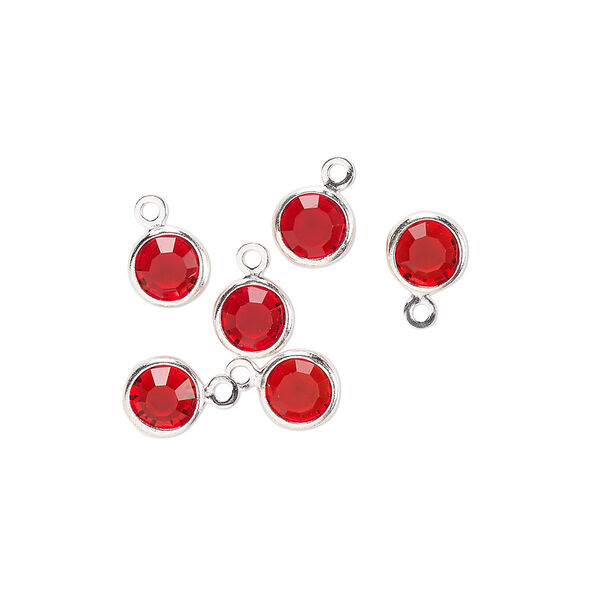 Drop, glass rhinestone and silver-finished brass, ruby red, 6-6.5mm faceted round. Sold per pkg of 6. image number 0