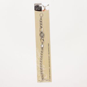Bracelet, steel and glass, pkg/1, silver finish / grey / clear, 8 inches with toggle clasp and 7mm round setting.