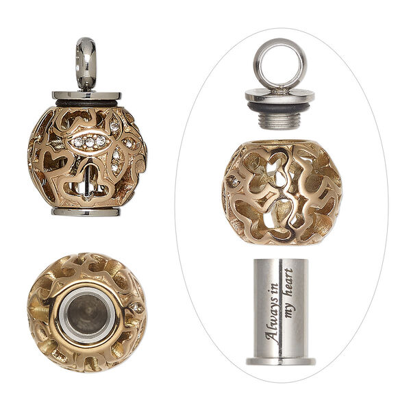 Pendant, rose gold-plated stainless steel / glass / silicone, black and clear, 23x15mm cutout round with flower and watertight chamber with "Always in my heart." Sold individually. image number 0