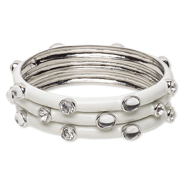Bracelet, bangle, enamel / glass rhinestone / imitation rhodium-finished "pewter" (zinc-based alloy), white and clear, 7.5mm wide, 8-1/2 inches. Sold per pkg of 3. image number 0