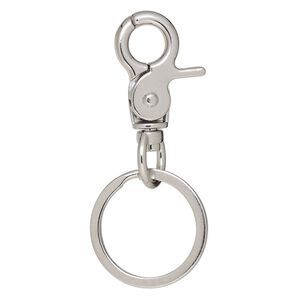 Key ring, imitation rhodium-finished brass and steel, 69.5x30mm overall with 29.5x16.5mm trigger snap on a swivel with 30mm split ring. Sold per pkg of 5.