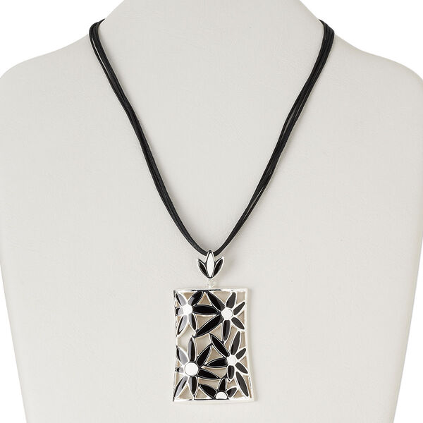 Necklace, 4-strand, silver-plated steel and "pewter" (zinc-based alloy) / epoxy / waxed cotton cord, black and white, 57x40mm open rectangle with flower design, 16 inches with 3-inch extender chain and lobster claw clasp. Sold individually. image number 0