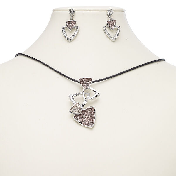 Necklace and earring set, enamel / waxed cotton cord / glass rhinestone / imitation rhodium-finished steel / "pewter" (zinc-based alloy), black / light purple / brown, 56x32mm triangles, 18-inch necklace with 2-inch extender chain and lobster claw clasp, 35mm earrings with post. Sold per set. image number 0