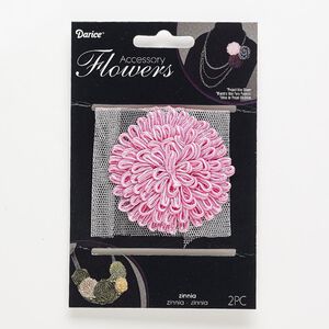 Sew-on component, fabric, pink, 66-68mm zinnia flower. Sold per pkg of 2.