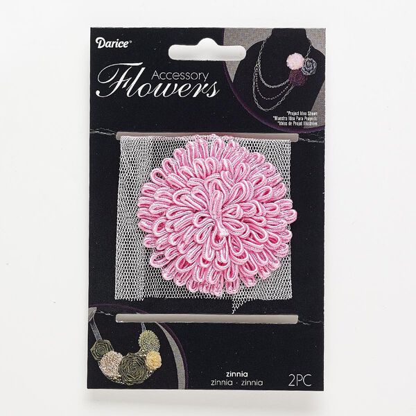 Sew-on component, fabric, pink, 66-68mm zinnia flower. Sold per pkg of 2. image number 0
